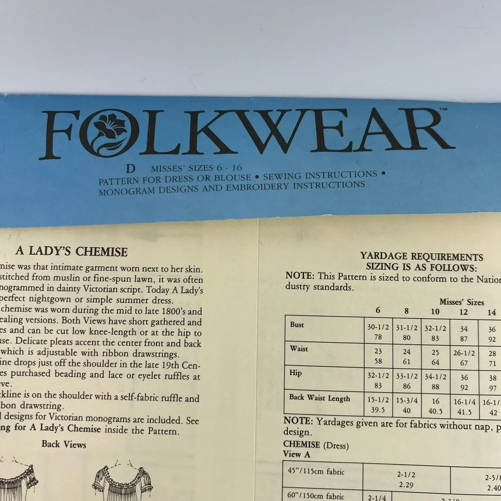 Folkwear 223 A Lady's Chemise Sewing Pattern Misses 6–16 Vintage 1982